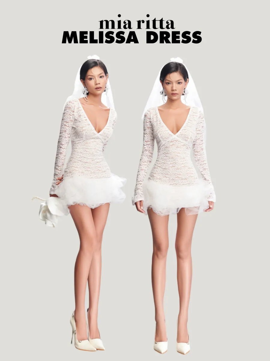 Melissa Dress V1091 - Soft Lace Dress with Flowing Mesh - Lace Dress with Backless Lining — original MIARITTA photograph 1