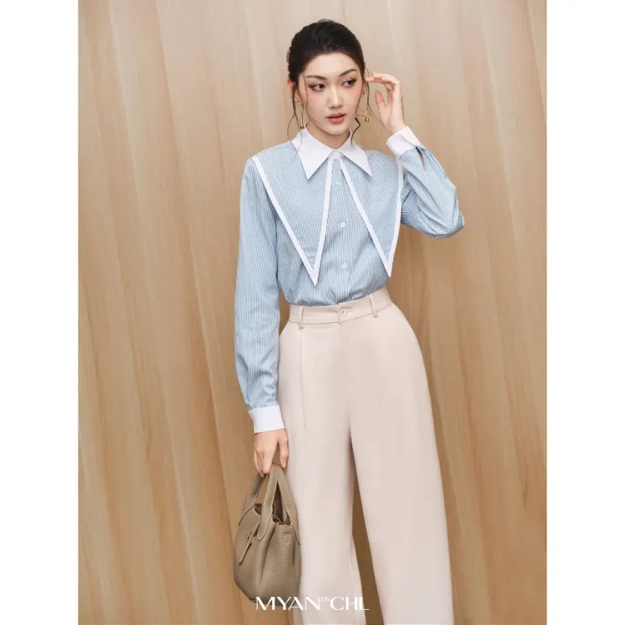 Striped Shirt with Pointed Collar and White Trim in Blue