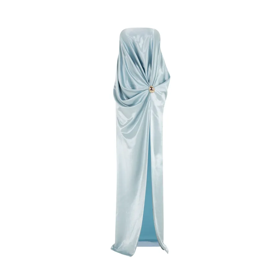 Strapless Pleated Silk Slit Dress — original MOLLYNISTA photograph 1