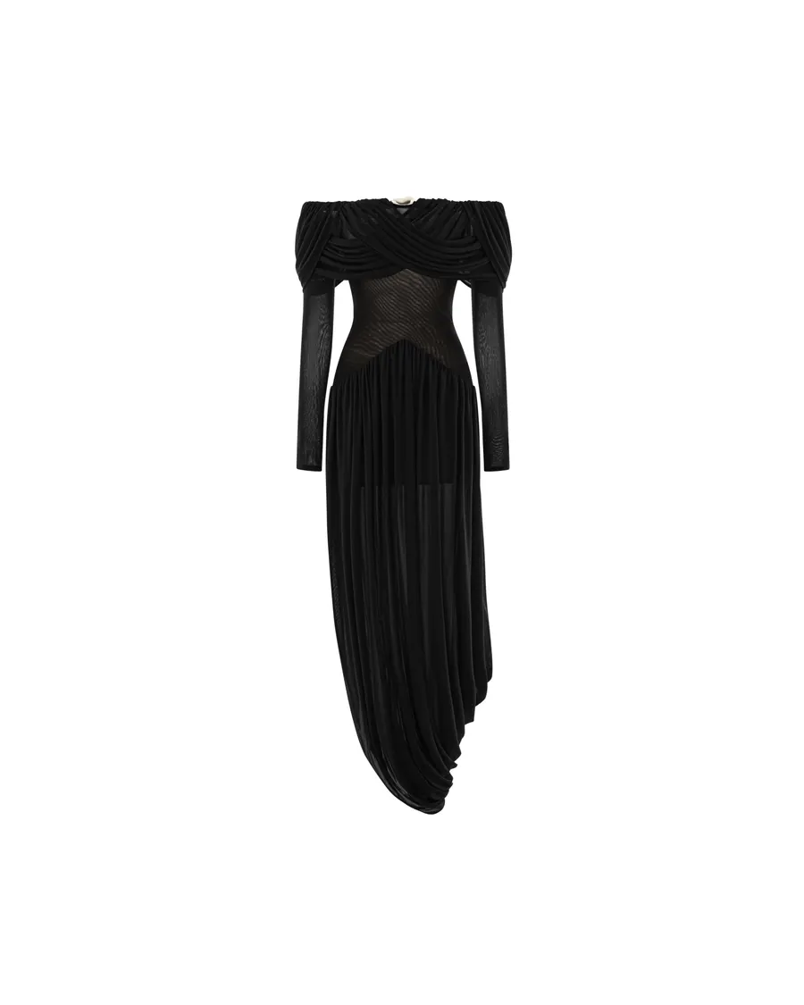 Off-Shoulder Draped Asymmetric Dress — original MOLLYNISTA photograph 1