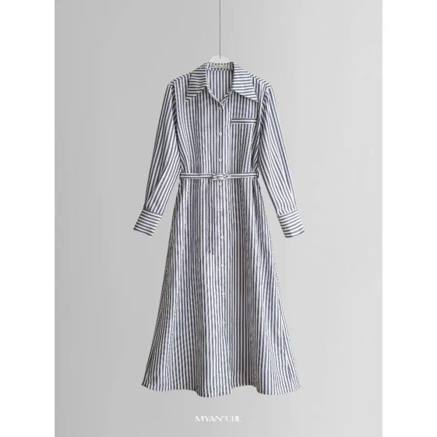Long Striped Shirt Dress in Blue