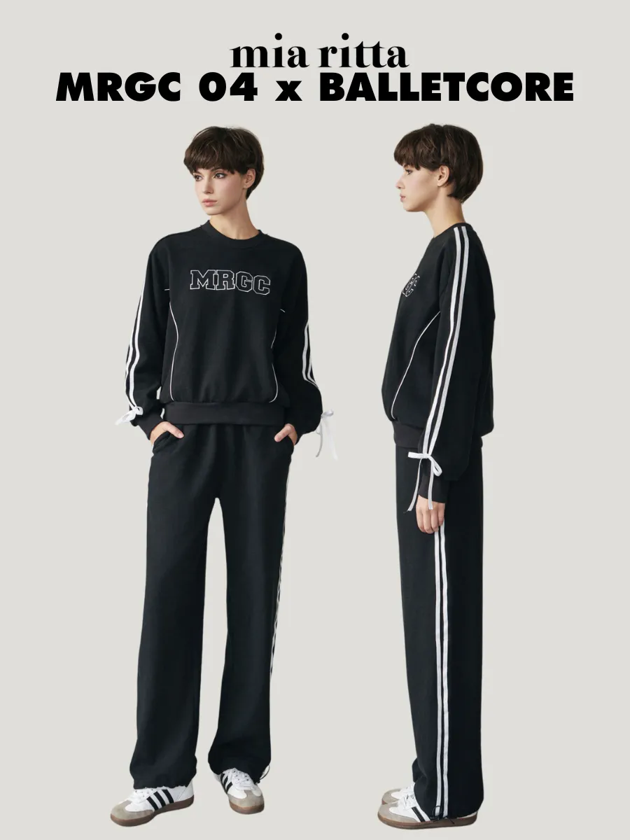 White Embroidered Cotton Felt Set A2187 Q407 - Mrgc 04 X Balletcore Felt Set - Set Of Elasticated Pants and Bow Tie Sweatshirt — original MIARITTA photograph 1