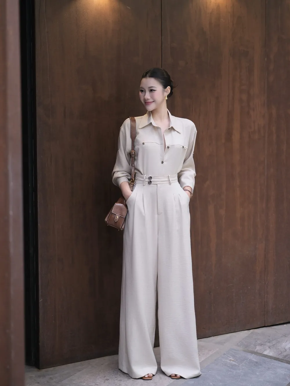 Set Of Brown Button-Down Silk Shirt and 2-Button Wide-Leg Pants — original E.MOL photograph 1