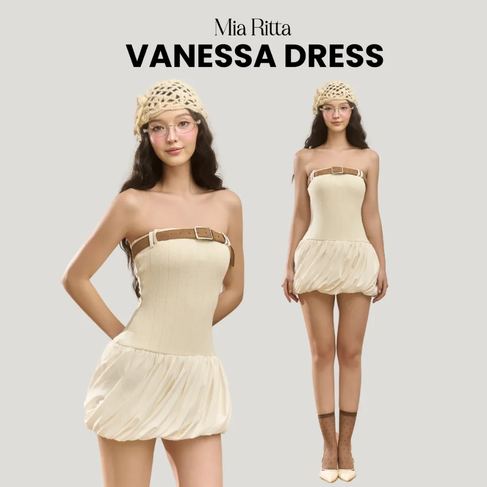 Vanessa Dress V1103 Yellow Wool Strapless Dress with Rough Ruching — original MIARITTA photograph 1