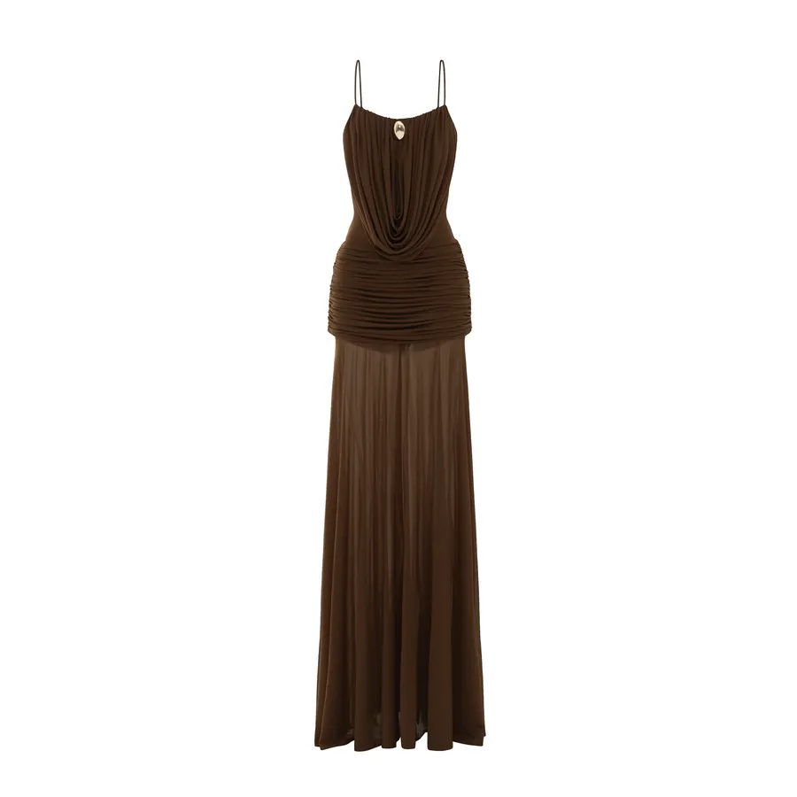 Cowl-Neck Ruched Stretch Mesh Gown — original MOLLYNISTA photograph 1
