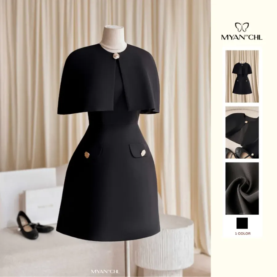 A-Line Dress with Oversized Decorative Buttons in Black