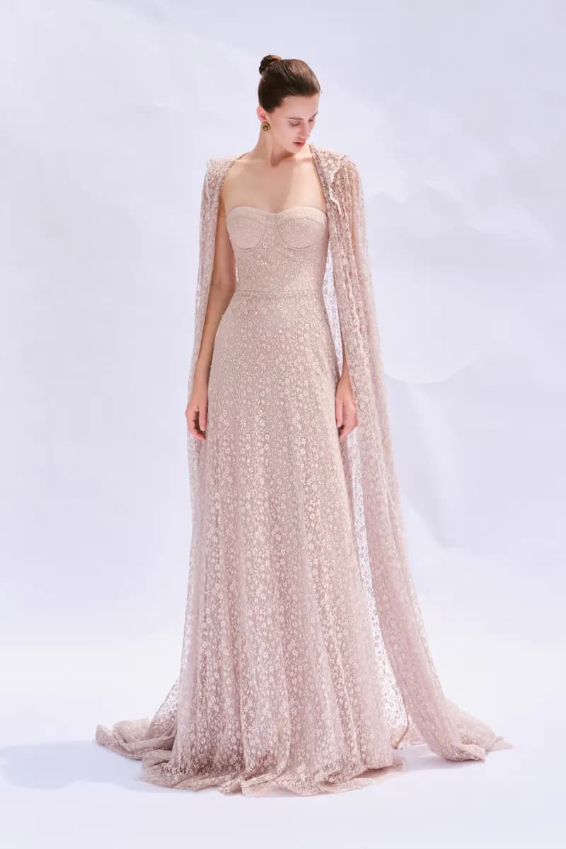 Krixi Emb Aurora Lace Long Dress in Pastel Rose Tan